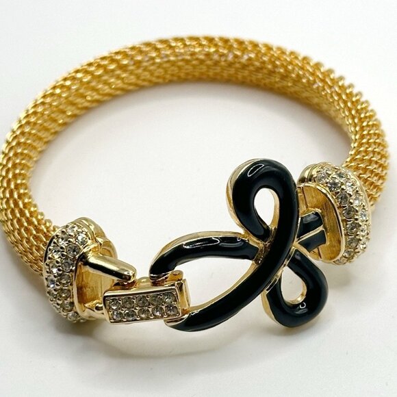 Swan SWAROVSKI Crystal Rhinestone Gold Mesh Black Enamel Bow Bracelet - Picture 3 of 10
